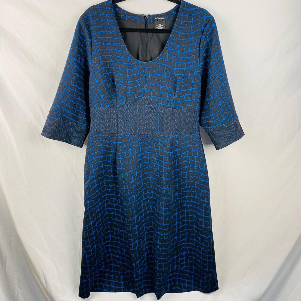 J. Peterman Black & Blue Patterned Knee Length Career Dress 12‎ Office Modest